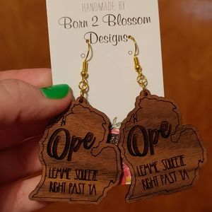 Handmade Wood Michigan MI Mitten Ope Earrings